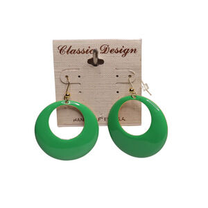 Classic Design Green Dangle Hoop Metal Hook Earrings 1.5 Inches On Card